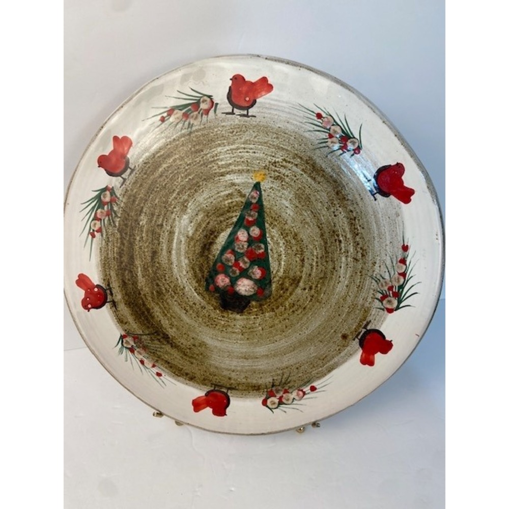 Italian Ceramic Christmas Tree Platter Red Bird Holiday Serving Dish Made Italy